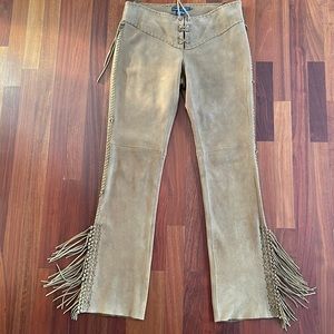 Ralph Lauren Blue Label Leather Pants. Sz 8. Fringe And Whipstitching Details